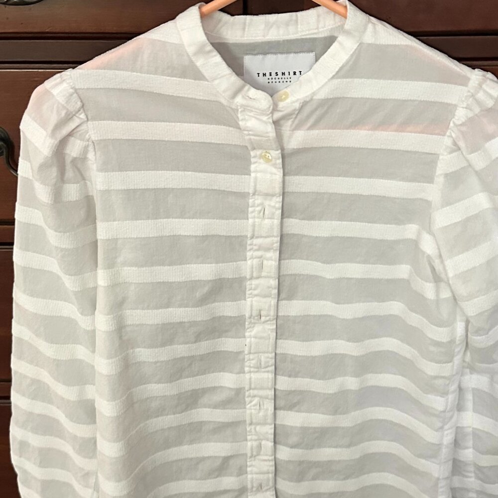 The Shirt by Rochelle Behrens Puff Sleeve white stripe button down, Size XS